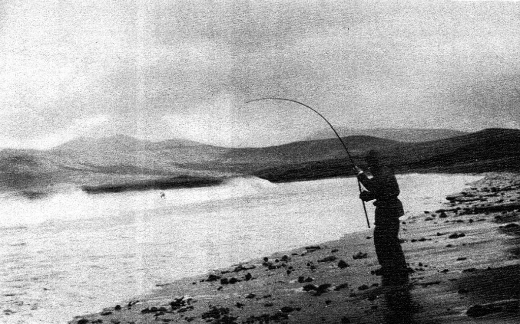 Clive Gammon winter suff-fishing for bass on the Black Strand, Co Kerry during the mid-1960s (Salt Water Fishing in Ireland, Clive Gammon, 1966)